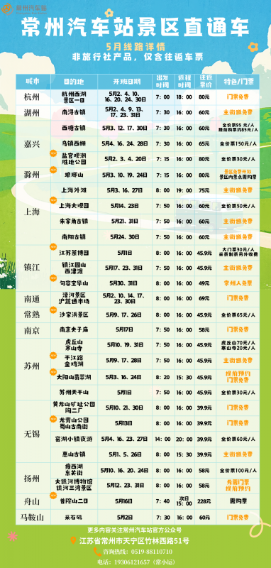 常州汽車(chē)站景區(qū)直通車(chē)5月及五一線(xiàn)路上新